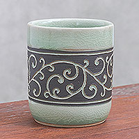 Celadon ceramic teacup, 'Kanok Tendrils' - Aqua Celadon Ceramic Teacup from Thailand