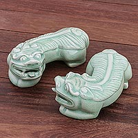 Celadon ceramic sculptures, 'Pi Xiu' (pair) - Cultural Celadon Ceramic Pi Xiu Sculptures (Pair)