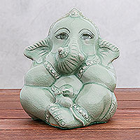 Celadon ceramic figurine, Ganesha and the Mouse