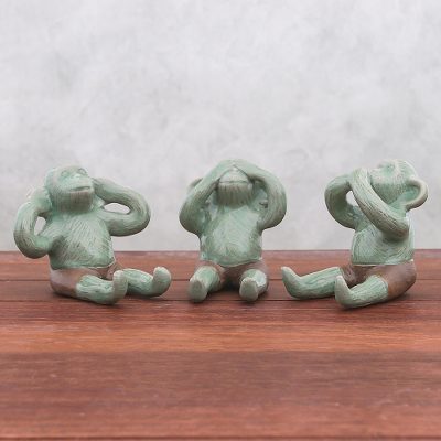 Celadon Ceramic Wise Monkey Figurines (Set of 3), 'Green Monkeys