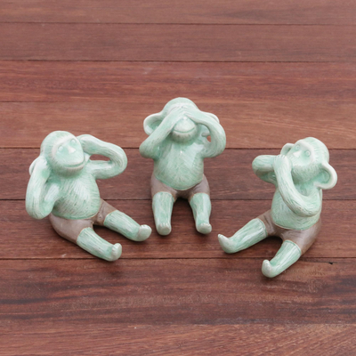 Celadon ceramic figurines, 'Green Monkeys' (set of 3) - Celadon Ceramic Wise Monkey Figurines (Set of 3)