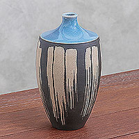 Celadon ceramic vase, 'Grey Cascade' - Celadon Ceramic Vase in Blue from Thailand