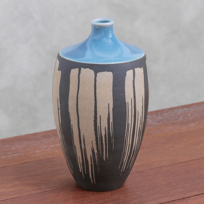 Celadon ceramic vase, 'Grey Cascade' - Celadon Ceramic Vase in Blue from Thailand