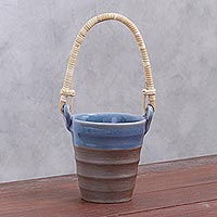 Taza de cerámica Celadon, 'Picnic Mood in Blue' - Taza de cerámica Celadon y fibra natural en azul de Tailandia