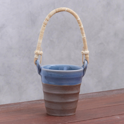 Celadon ceramic cup, 'Picnic Mood in Blue' - Celadon Ceramic and Natural Fiber Cup in Blue from Thailand