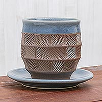 Celadon ceramic cup and saucer, 'Comfort Etches' - Blue and Brown Celadon Ceramic Cup and Saucer from Thailand