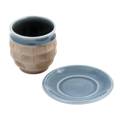 Taza y plato de cerámica Celadon - Taza y platillo de cerámica Celadon azul y marrón de Tailandia