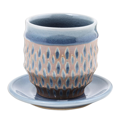 Celadon ceramic cup and saucer, 'Blue Falls' - Rain Motif Celadon Ceramic Cup and Saucer from Thailand
