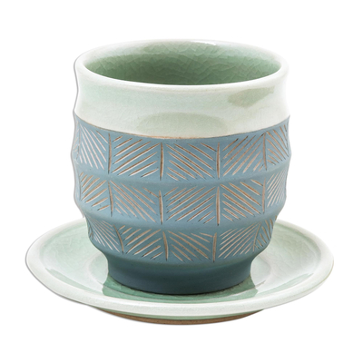 Celadon ceramic cup and saucer, 'Verdant Comfort' - Celadon Ceramic Cup and Saucer in Green from Thailand