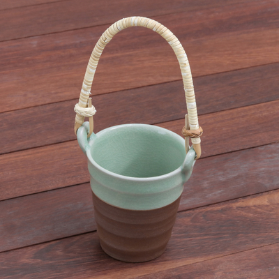 Celadon ceramic cup, 'Picnic Mood in Green' - Celadon Ceramic and Natural Fiber Cup in Green from Thailand