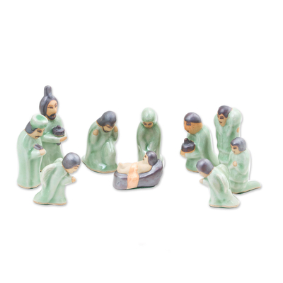 Celadon Ceramic Nativity Scene from Thailand (10 Piece)