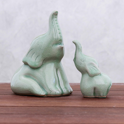 Celadon ceramic figurines, 'Mom and Baby' (pair) - Celadon Ceramic Elephant Figurines from Thailand(Pair)