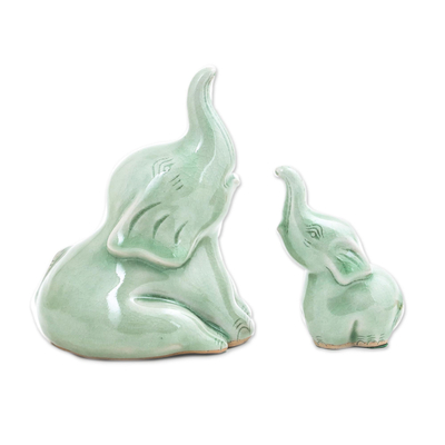 Celadon ceramic figurines, 'Mom and Baby' (pair) - Celadon Ceramic Elephant Figurines from Thailand(Pair)