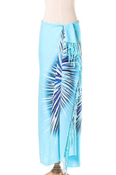 Cotton sarong, 'Lovely Mist' - Hand-Painted Cotton Sarong in Blue from Thailand