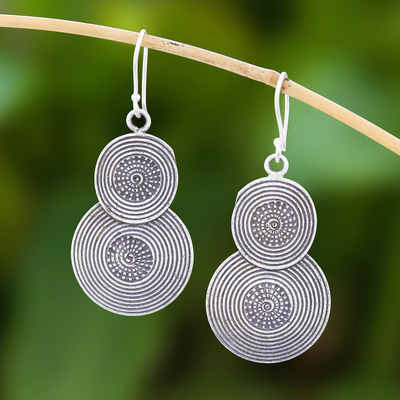 Silver dangle earrings, 'Vintage Suns' - Spiral Pattern Karen Silver Dangle Earrings from Thailand