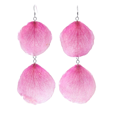 Natural rose petal dangle earrings, 'Pretty Rose in Pink' - Natural Rose Dangle Earrings in Pink from Thailand