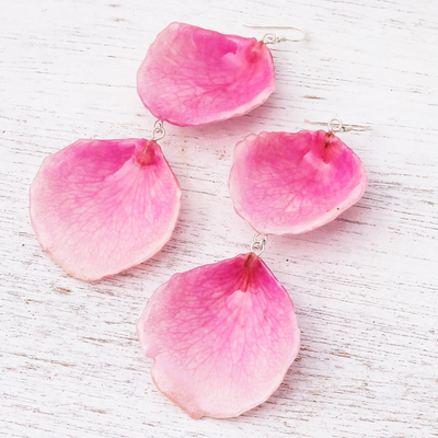 Natural rose petal dangle earrings, 'Pretty Rose in Pink' - Natural Rose Dangle Earrings in Pink from Thailand