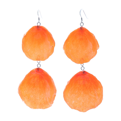 Natural rose petal dangle earrings, 'Pretty Rose in Orange' - Natural Rose Petal Dangle Earrings in Orange from Thailand