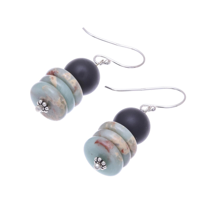 Jasper and onyx beaded dangle earrings, 'Elegant Discs' - Jasper Disc and Onyx Beaded Dangle Earrings from Thailand