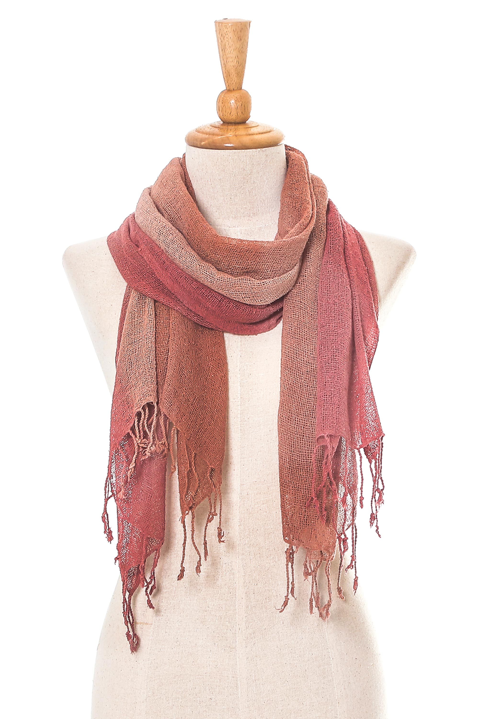 Burnt Orange and Dusty Rose Silk Wrap Scarf from Thailand Elusive
