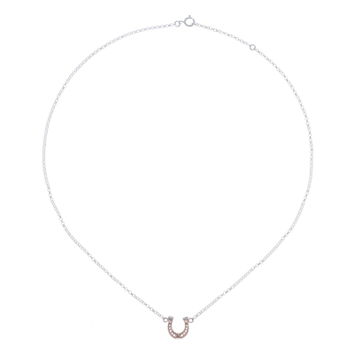 Rose Gold Accented Sterling Silver Horseshoe Necklace, 'Horseshoe Gleam'