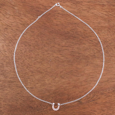 Rose gold accented sterling silver pendant necklace, 'Horseshoe Gleam' - Rose Gold Accented Sterling Silver Horseshoe Necklace
