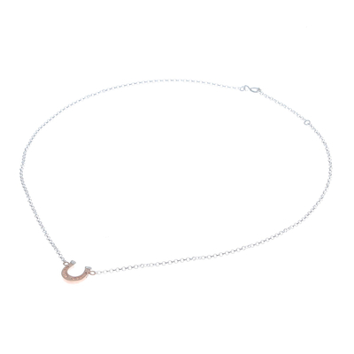 Rose gold accented sterling silver pendant necklace, 'Horseshoe Gleam' - Rose Gold Accented Sterling Silver Horseshoe Necklace