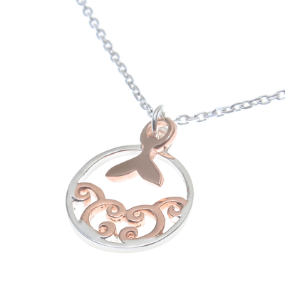 Rose gold accented sterling silver pendant necklace, 'Whale Splash' - Rose Gold Accented Sterling Silver Whale Necklace