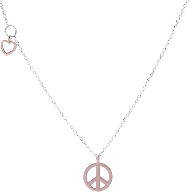 Collar colgante de plata de ley con detalles en oro rosa, 'Corazón por la paz' ​​- Collar de paz de plata de ley con detalles en oro rosa