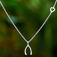Rose gold accented sterling silver pendant necklace, 'Lovely Wishbone' - Rose Gold Accented Sterling Silver Wishbone Necklace