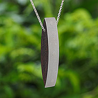 Sterling silver and wood pendant necklace, 'Modern Sliver' (2.9 inch) - Sterling Silver and Wood Pendant Necklace (2.9 In.)