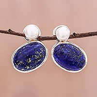 Lapis lazuli and cultured pearl drop earrings, 'Star and Moon'