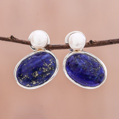 Lapis lazuli and cultured pearl drop earrings, Star and Moon