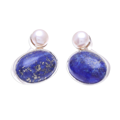 Lapis lazuli and cultured pearl drop earrings, 'Star and Moon' - Lapis Lazuli and Cultured Pearl Drop Earrings from Thailand