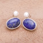 Lapis lazuli and cultured pearl drop earrings, 'Star and Moon' - Lapis Lazuli and Cultured Pearl Drop Earrings from Thailand