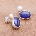 Lapis lazuli and cultured pearl drop earrings, 'Star and Moon' - Lapis Lazuli and Cultured Pearl Drop Earrings from Thailand
