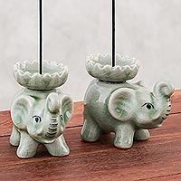 Celadon ceramic incense holders, 'Baby Elephants in Green' (pair)