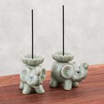Celadon ceramic incense holders, 'Baby Elephants in Green' (pair) - Celadon Ceramic Elephant Incense Holders in Green (Pair)