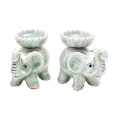 Celadon ceramic incense holders, 'Baby Elephants in Green' (pair) - Celadon Ceramic Elephant Incense Holders in Green (Pair)