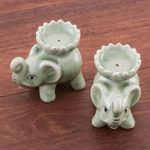Celadon ceramic incense holders, 'Baby Elephants in Green' (pair) - Celadon Ceramic Elephant Incense Holders in Green (Pair)