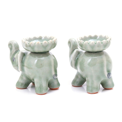 Celadon ceramic incense holders, 'Baby Elephants in Green' (pair) - Celadon Ceramic Elephant Incense Holders in Green (Pair)