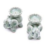 Celadon ceramic incense holders, 'Baby Elephants in Green' (pair) - Celadon Ceramic Elephant Incense Holders in Green (Pair)