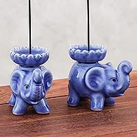 Celadon ceramic incense holders, 'Baby Elephants in Blue' (pair) - Celadon Ceramic Elephant Incense Holders in Blue (Pair)