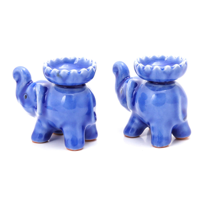 Celadon ceramic incense holders, 'Baby Elephants in Blue' (pair) - Celadon Ceramic Elephant Incense Holders in Blue (Pair)