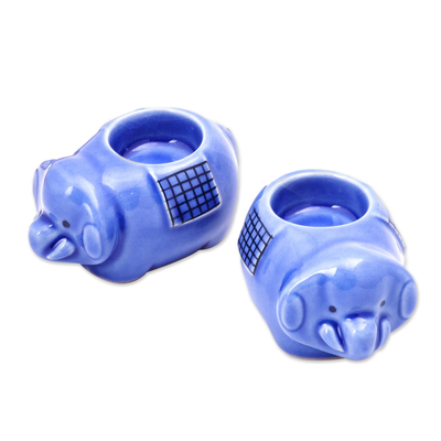 Cute Elephant Blue Ceramic Tealight Holders (Pair)