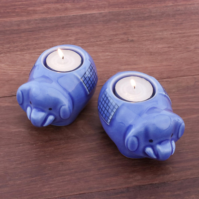 Ceramic tealight holders, 'Cute Elephants in Blue' (pair) - Cute Elephant Blue Ceramic Tealight Holders (Pair)
