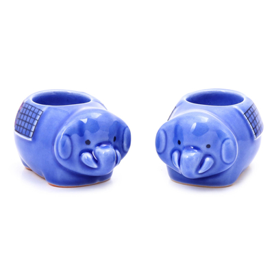 Ceramic tealight holders, 'Cute Elephants in Blue' (pair) - Cute Elephant Blue Ceramic Tealight Holders (Pair)