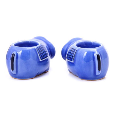 Portavelas de cerámica, (par) - Bonitos portavelas de cerámica azul elefante (par)