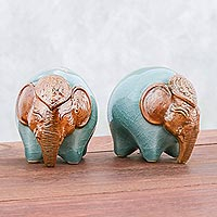 Celadon ceramic salt and pepper shakers, 'Round Elephants in Green' (pair)