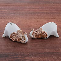 Ceramic salt and pepper shakers, 'Crouching Elephants in White' (pair) - White Ceramic Elephant Salt and Pepper Shakers (Pair)